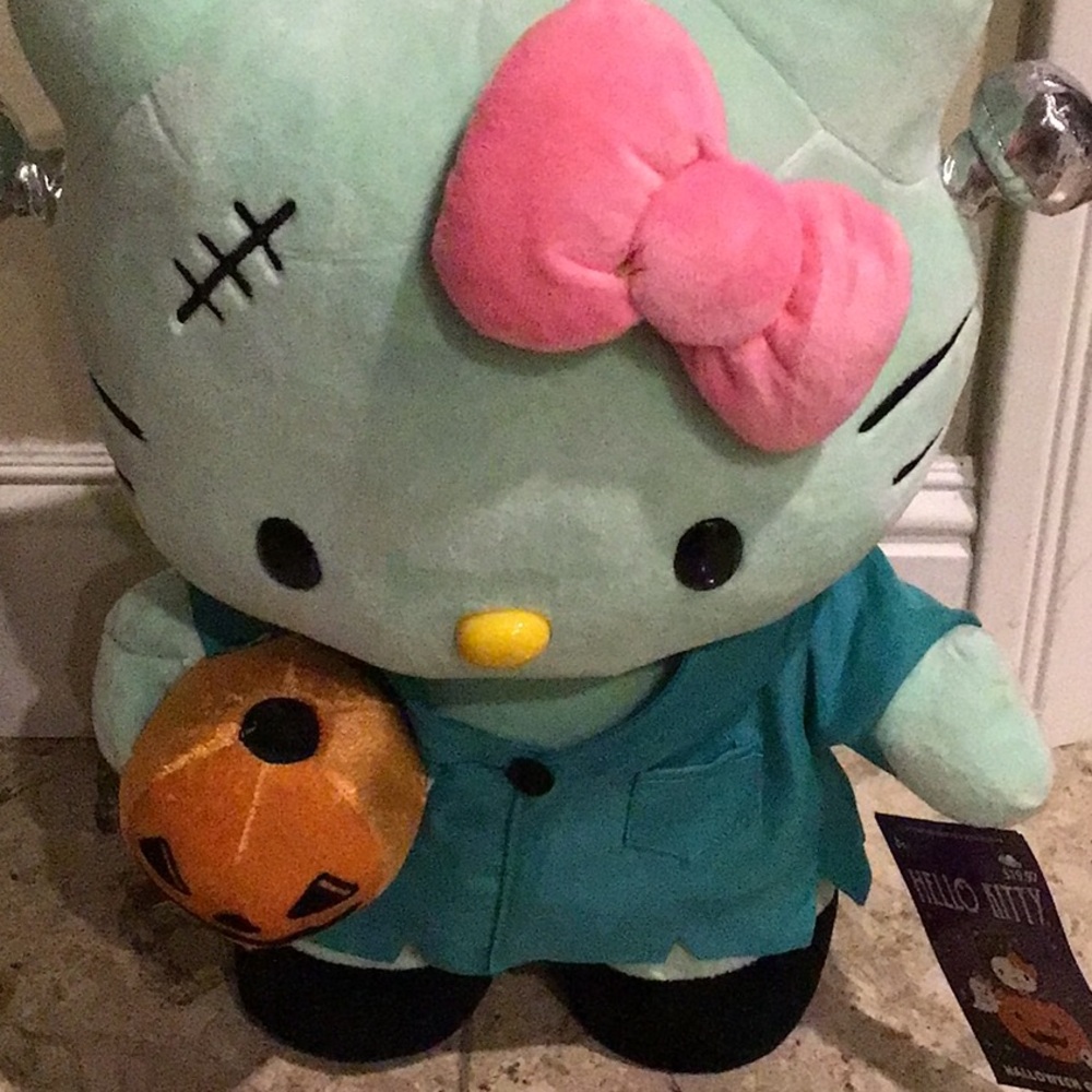 Hello Kitty Halloween mint Green pink bow Frankenstein greeter, new